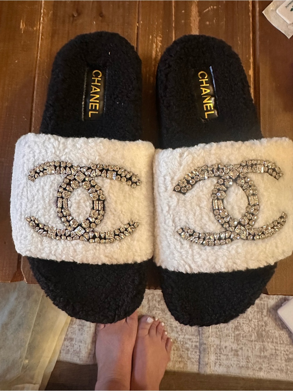 CHANEL Black & White Crystal CC Sherpa Slide Slippers